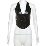 Autumn And Winter Women's Fashionable And Sexy Halter Neck Low Back Slim-Fit Pu Leather Vest