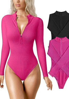 Long-Sleeved One-Piece Sexy Rib Front Zipper Bodysuit Top