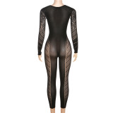 Summer Women's Sexy Mesh See-Through Hollow Solid Color High Waist Tight Fitting Casual Jumpsuit