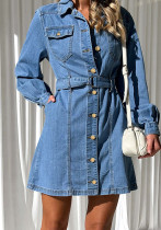 Fashionable Casual Button Tie Slim Fit Long Sleeve Denim Dress For Women