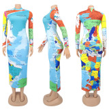 High Neck Long Sleeve Printed Long Dress Fashionable Women's Dress