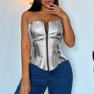 Women's Sexy Fashion Metallic Shiny Leather Strapless Chest Wrap Top Slim Vest Corset
