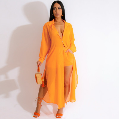 Women's Fashion Button Slit Casual Sexy See-Through Sun Protection Jacket And Shorts Two Piece Set