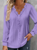 Autumn Solid Color Long Sleeve V-Neck Lace Patchwork Shirt For Women