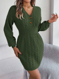 Autumn And Winter Buttoned V-Neck Lantern Sleeves Bodycon Sweater Dress Women's Clothing