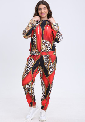 Plus Size Women Casual Print Hoodies and Pant Two-Piece Set