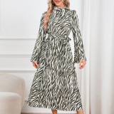 Women Bell Bottom Sleeve Stand Collar Leopard Dress