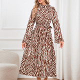 Women Bell Bottom Sleeve Stand Collar Leopard Dress