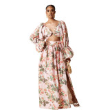 Women Long Sleeve Printed Crop Top and Slit Skirt Two-piece Set