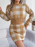 Women Autumn and Winter Casual Contrast Plaid Long Sleeve Crop Sweater and Bodycon Skirt Two-piece Set