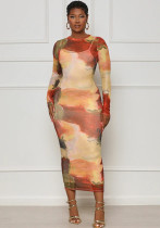 Women suspender skirt sexy Mesh abstract print long-sleeved dress two-piece set