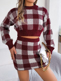Women Autumn and Winter Casual Contrast Plaid Long Sleeve Crop Sweater and Bodycon Skirt Two-piece Set