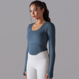 Seamless Knitting Solid Color Ribbed Sports Yoga Long-Sleeved Running Fitness Yoga Tops For Women