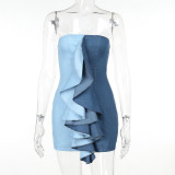 Strapless Ruffled Color Block Fashion Denim Bodycon Dress