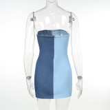 Strapless Ruffled Color Block Fashion Denim Bodycon Dress