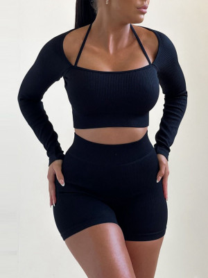 Autumn And Winter Women's Knitting Ribbed High Stretch Sports And Fitness Two-Piece Shorts Set For Women