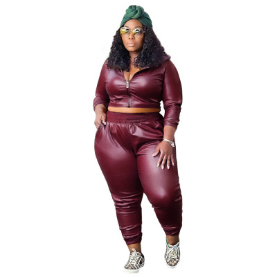 Plus Size Women's Fashion Casual Solid Color Pu Leather Two-Piece Pants Set For Women