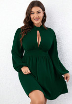 Slim Waist Chic Solid Color Long Sleeve Sexy Hollow Plus Size Women's Dress