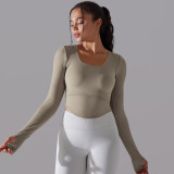 Seamless Knitting Solid Color Ribbed Sports Yoga Long-Sleeved Running Fitness Yoga Tops For Women