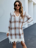 Women V-neck Casual Long Sleeve Plaid Basic Knitting Dress