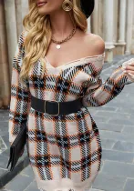 Women V-neck Casual Long Sleeve Plaid Basic Knitting Dress