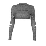 Women Autumn Sexy Printed Ripped Long Sleeve Crop Top