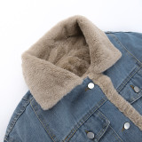 Women Turndown Collar Plush Warm Denim Jacket