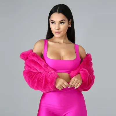 Women Sexy Solid Candy Color Faux furryCrop Jacket