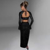 Women autumn Lace-Up long-sleeved Backless T-shirt andBodycon skirt two-piece set