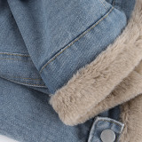 Women Turndown Collar Plush Warm Denim Jacket