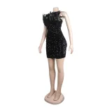 Sexy Feather Sequin Strapless Tight Fitting Slim Bodycon Dress