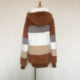 Autumn And Winter Warm Plush Patchwork Zipper Pocket Hooded Loose Coat For Women