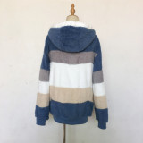 Autumn And Winter Warm Plush Patchwork Zipper Pocket Hooded Loose Coat For Women