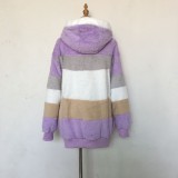 Autumn And Winter Warm Plush Patchwork Zipper Pocket Hooded Loose Coat For Women