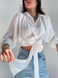Women's Lace Up Long Sleeve Cardigan Spring Summer Bat Sleeves Crop Loose Shirt
