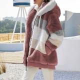 Autumn And Winter Warm Plush Patchwork Zipper Pocket Hooded Loose Coat For Women