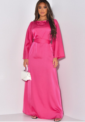 Women's Autumn And Winter Dress Round Neck Long Sleeve Loose Strappy Satin Maxi Dress