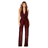 Summer Women's Sleeveless Halter Neck Sequin Jump