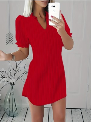 Autumn Fashion Solid Color V-Neck Ruffle Dress For Women