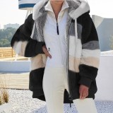 Autumn And Winter Warm Plush Patchwork Zipper Pocket Hooded Loose Coat For Women