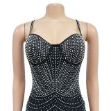 Fashionable Women's Solid Color Mesh Beaded Straps Club Dress