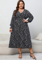 Plus Size Women Autumn V-Neck Printed Dress