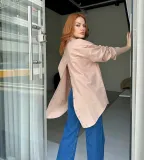 Women Solid Style Long Sleeve Back Slit Loose Shirt