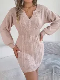 Women V-Neck Balloon Sleeve Bodycon Sweater Dress