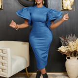 Plus Size African Women Autumn and Winter Solid Bell Bottom Sleeve Denim Bodycon Dress