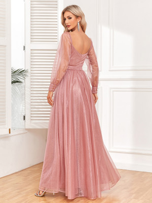Women Elegant Long Sleeve Backless Pleated Evening Dress