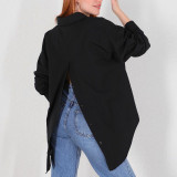 Women Solid Style Long Sleeve Back Slit Loose Shirt