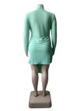 Plus Size Women Sexy Irregular Slit Lace-Up High Neck Long Sleeve Dress