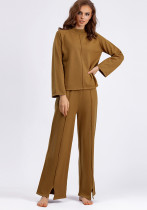 Women autumn and winter loose solid sweater and slit wide-leg pants two-piece set