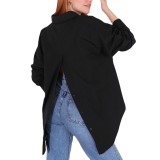 Women Solid Style Long Sleeve Back Slit Loose Shirt